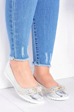 Damskie Srebrne Wsuwane Balerinki Z Kokardką Cleoss
