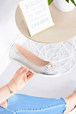 Damskie Srebrne Wsuwane Balerinki Z Kokardką Cleoss