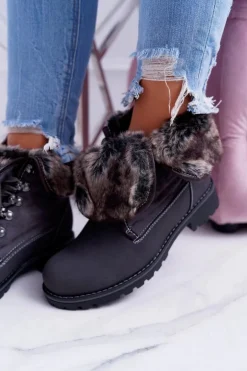 Damskie Szare Botki Trapery z Futerkiem Chester