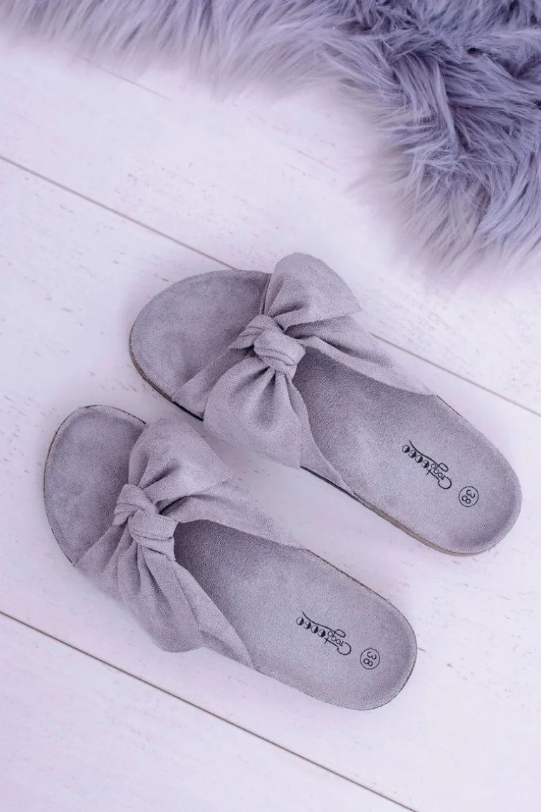 Damskie Szare Klapki Na Korku Kokarda Wendy