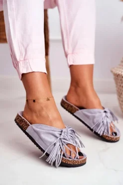 Damskie Szare Klapki Na Korku Frędzle Marina