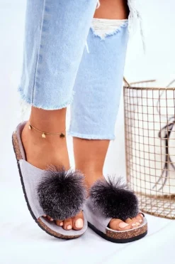 Damskie Szare Klapki Na Korku z Pomponem Galaxo