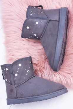 Damskie Szare Ocieplane Botki Śniegowce Zamsz Biggy
