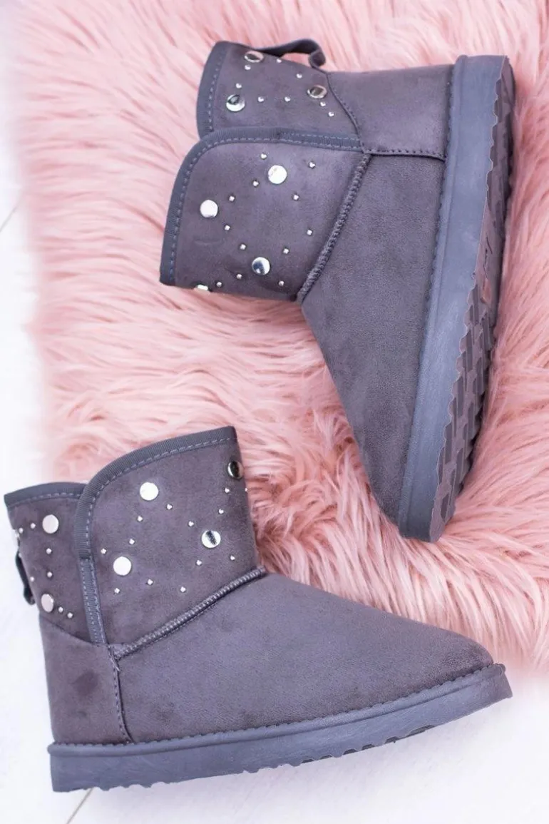 Damskie Szare Ocieplane Botki Śniegowce Zamsz Biggy