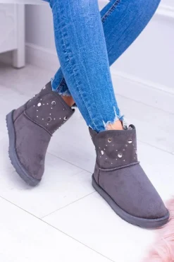 Damskie Szare Ocieplane Botki Śniegowce Zamsz Biggy