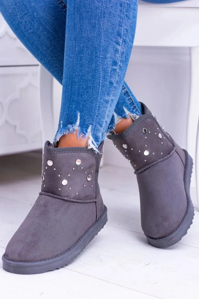 Damskie Szare Ocieplane Botki Śniegowce Zamsz Biggy