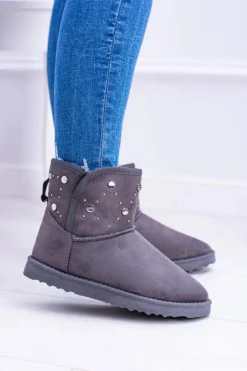 Damskie Szare Ocieplane Botki Śniegowce Zamsz Biggy