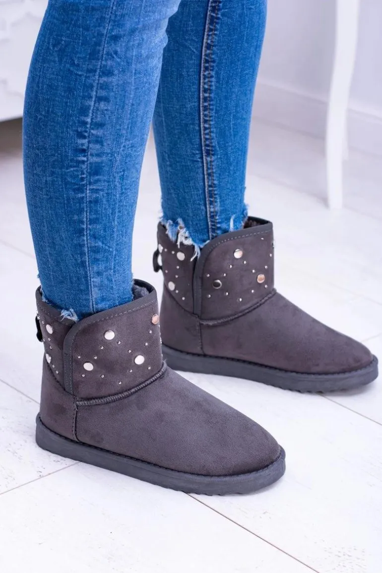 Damskie Szare Ocieplane Botki Śniegowce Zamsz Biggy