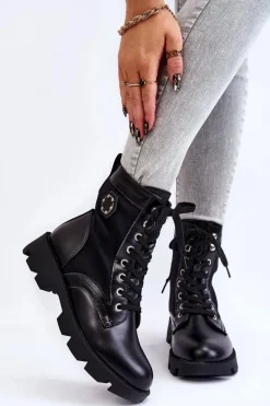 Damskie Sznurowane Botki Trapery Z Ociepleniem Czarne Nomi