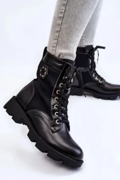 Damskie Sznurowane Botki Trapery Z Ociepleniem Czarne Nomi