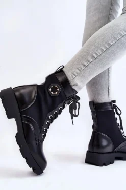 Damskie Sznurowane Botki Trapery Z Ociepleniem Czarne Nomi