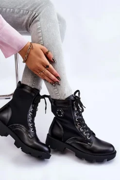 Damskie Sznurowane Botki Trapery Z Ociepleniem Czarne Nomi