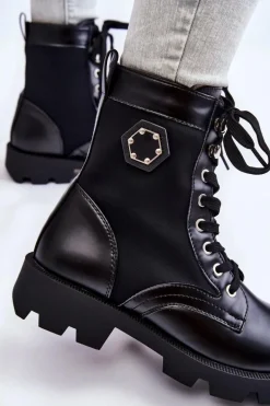 Damskie Sznurowane Botki Trapery Z Ociepleniem Czarne Nomi