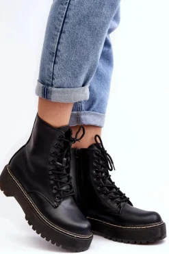 Damskie Sznurowane Botki Trapery Czarne Maddis