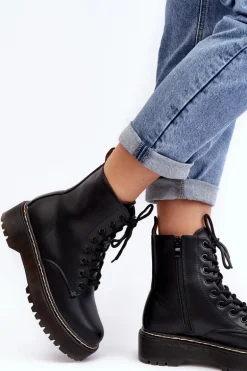 Damskie Sznurowane Botki Trapery Czarne Maddis