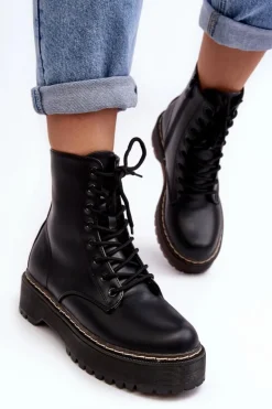Damskie Sznurowane Botki Trapery Czarne Maddis