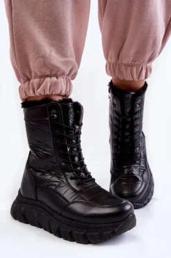 Damskie Sznurowane Botki Śniegowce Na Platformie Czarne Anubi