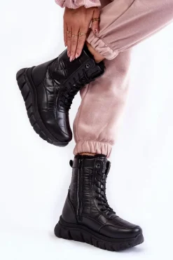 Damskie Sznurowane Botki Śniegowce Na Platformie Czarne Anubi