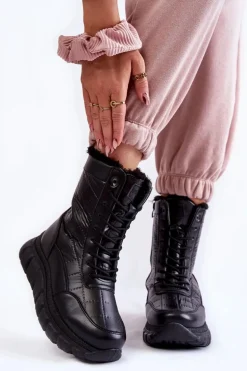 Damskie Sznurowane Botki Śniegowce Na Platformie Czarne Anubi