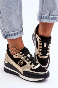 Damskie Sznurowane Buty Sportowe Na Koturnie Czarno-Złote Genova