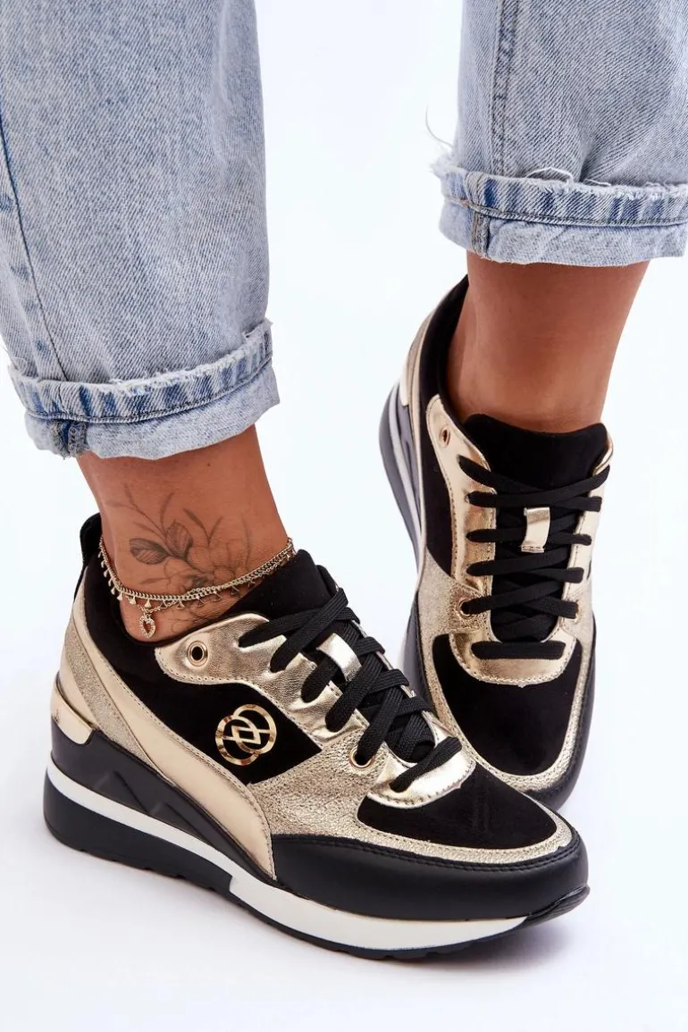 Damskie Sznurowane Buty Sportowe Na Koturnie Czarno-Złote Genova