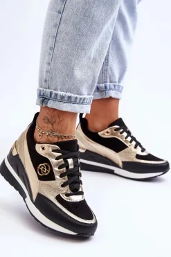 Damskie Sznurowane Buty Sportowe Na Koturnie Czarno-Złote Genova