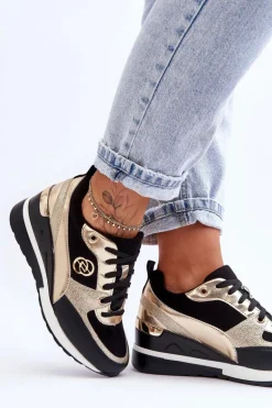 Damskie Sznurowane Buty Sportowe Na Koturnie Czarno-Złote Genova