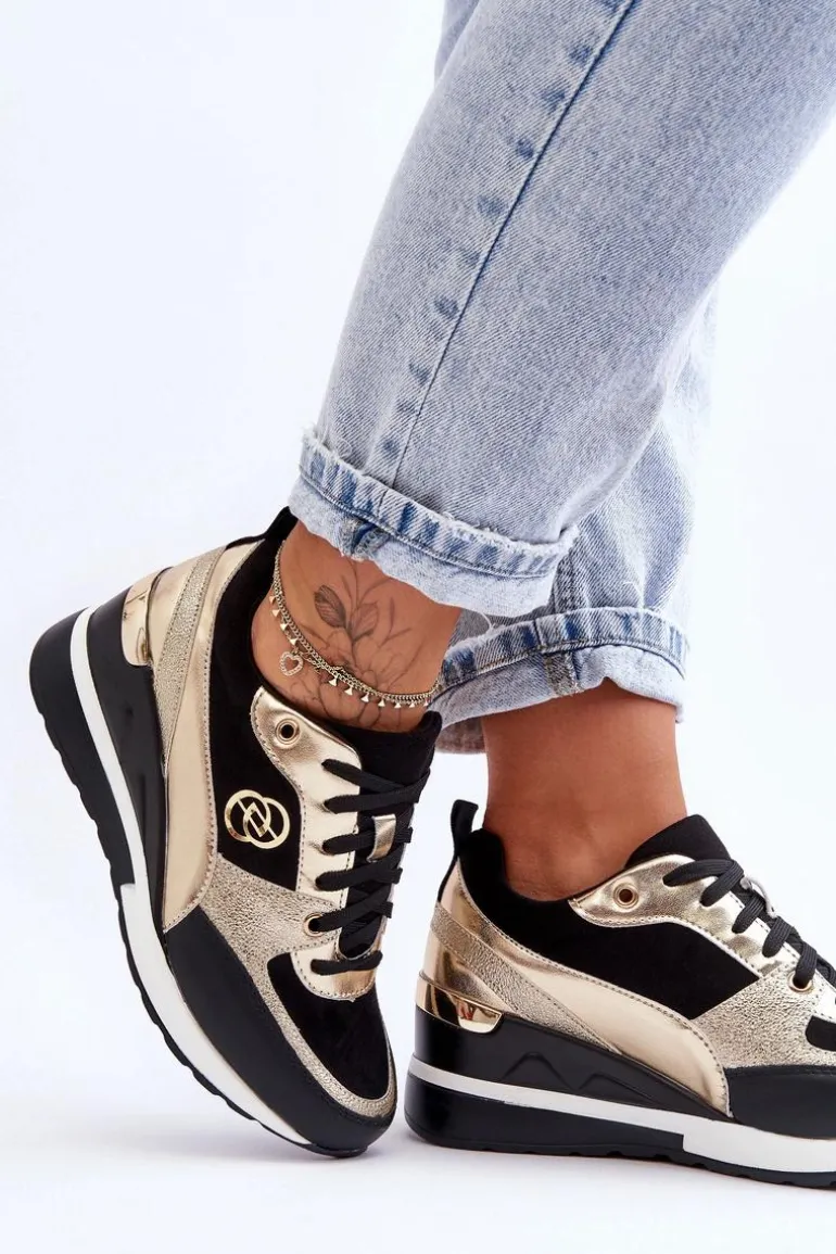 Damskie Sznurowane Buty Sportowe Na Koturnie Czarno-Złote Genova