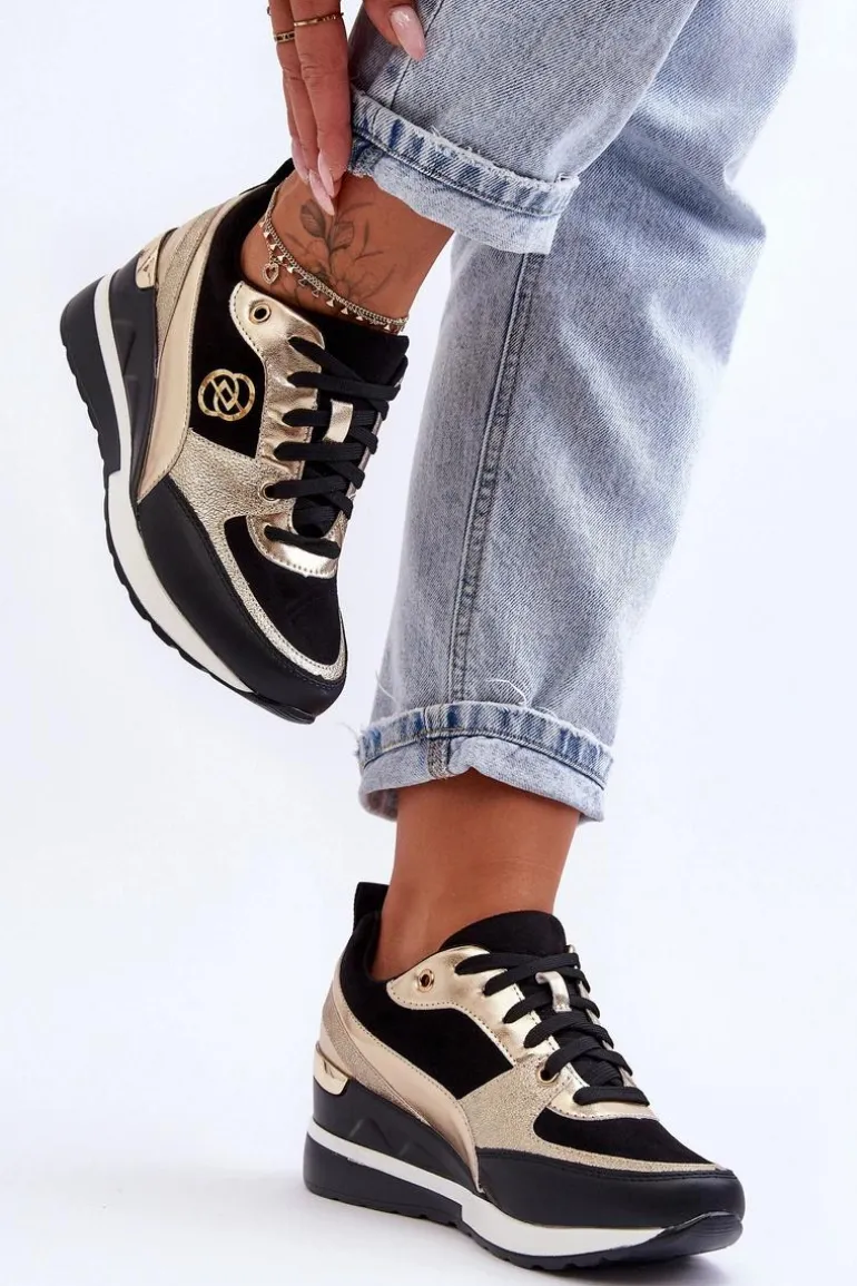 Damskie Sznurowane Buty Sportowe Na Koturnie Czarno-Złote Genova