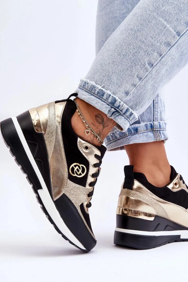 Damskie Sznurowane Buty Sportowe Na Koturnie Czarno-Złote Genova