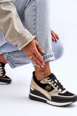 Damskie Sznurowane Buty Sportowe Na Koturnie Czarno-Złote Genova