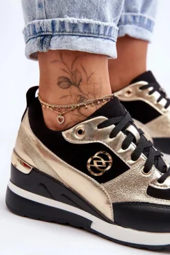 Damskie Sznurowane Buty Sportowe Na Koturnie Czarno-Złote Genova