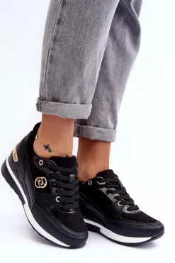 Damskie Sznurowane Buty Sportowe Na Koturnie Czarne Genova