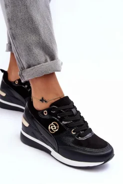 Damskie Sznurowane Buty Sportowe Na Koturnie Czarne Genova
