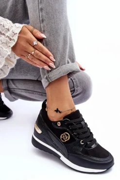 Damskie Sznurowane Buty Sportowe Na Koturnie Czarne Genova