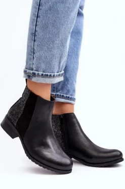 Damskie Sztyblety Botki Na Płaskim Obcasie Z Cekinami Czarne Messio