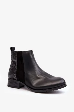 Damskie Sztyblety Botki Na Płaskim Obcasie Z Cekinami Czarne Messio