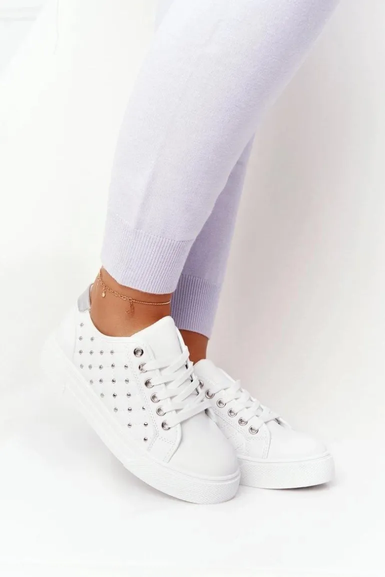 Damskie Tenisówki Z Pikowaniem Biało-Srebrne Fondness