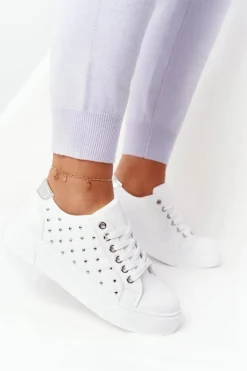 Damskie Tenisówki Z Pikowaniem Biało-Srebrne Fondness