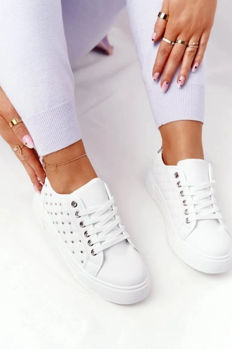 Damskie Tenisówki Z Pikowaniem Biało-Srebrne Fondness