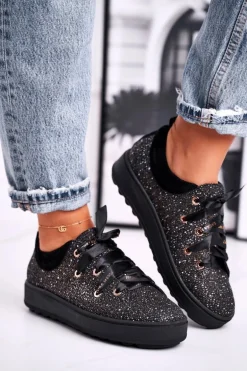 Damskie Trampki Eleganckie Skórzane Laura Messi Czarne 2045