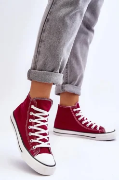 Damskie Trampki Klasyczne Wysokie Bordowe Remos