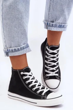 Damskie Trampki Klasyczne Wysokie Czarno-Białe Remos