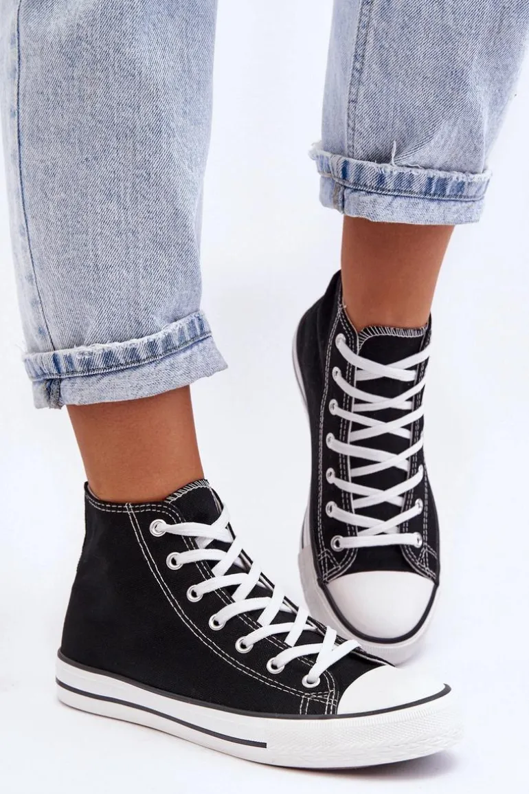 Damskie Trampki Klasyczne Wysokie Czarno-Białe Remos