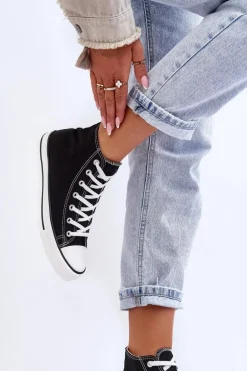 Damskie Trampki Klasyczne Wysokie Czarno-Białe Remos