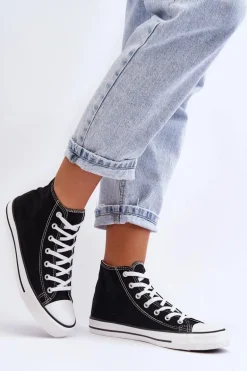 Damskie Trampki Klasyczne Wysokie Czarno-Białe Remos