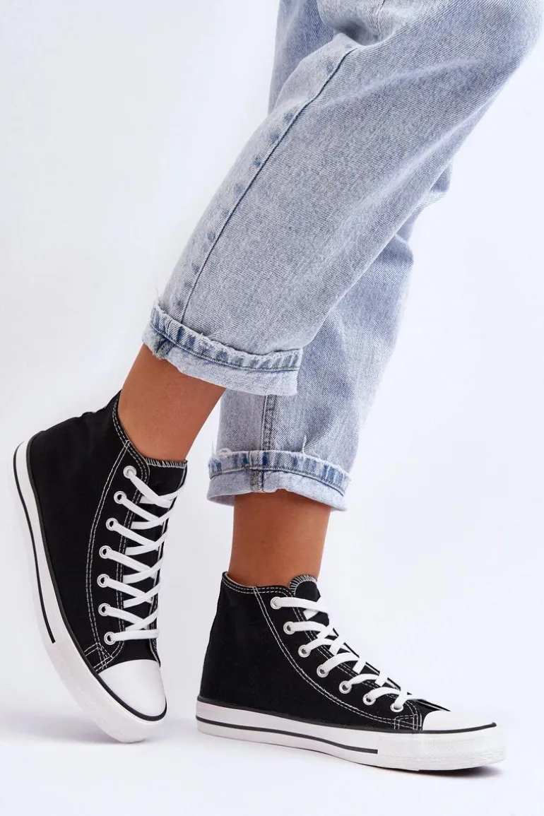 Damskie Trampki Klasyczne Wysokie Czarno-Białe Remos