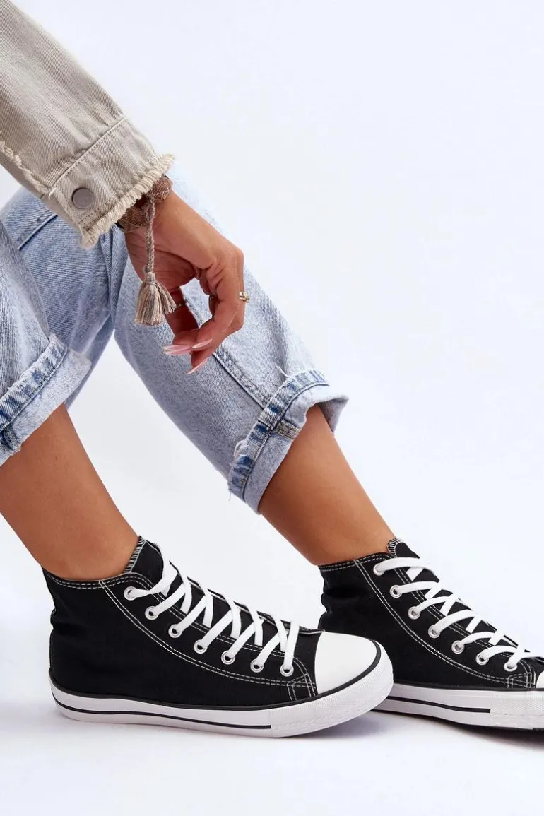 Damskie Trampki Klasyczne Wysokie Czarno-Białe Remos