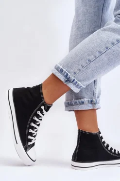 Damskie Trampki Klasyczne Wysokie Czarno-Białe Remos