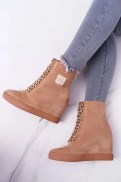 Damskie Trampki Lu Boo Złoty Łańcuch Zamsz Camel Monica